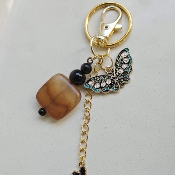 Brown Stone Beaded Keychain with Enamel Butterfly and Black Heart Charm - Picture 8 of 8